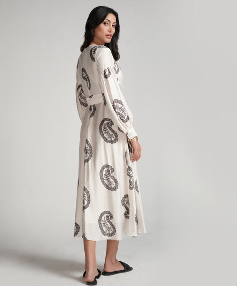 Puffed Sleeve Printed Round Neck Dress-Off White